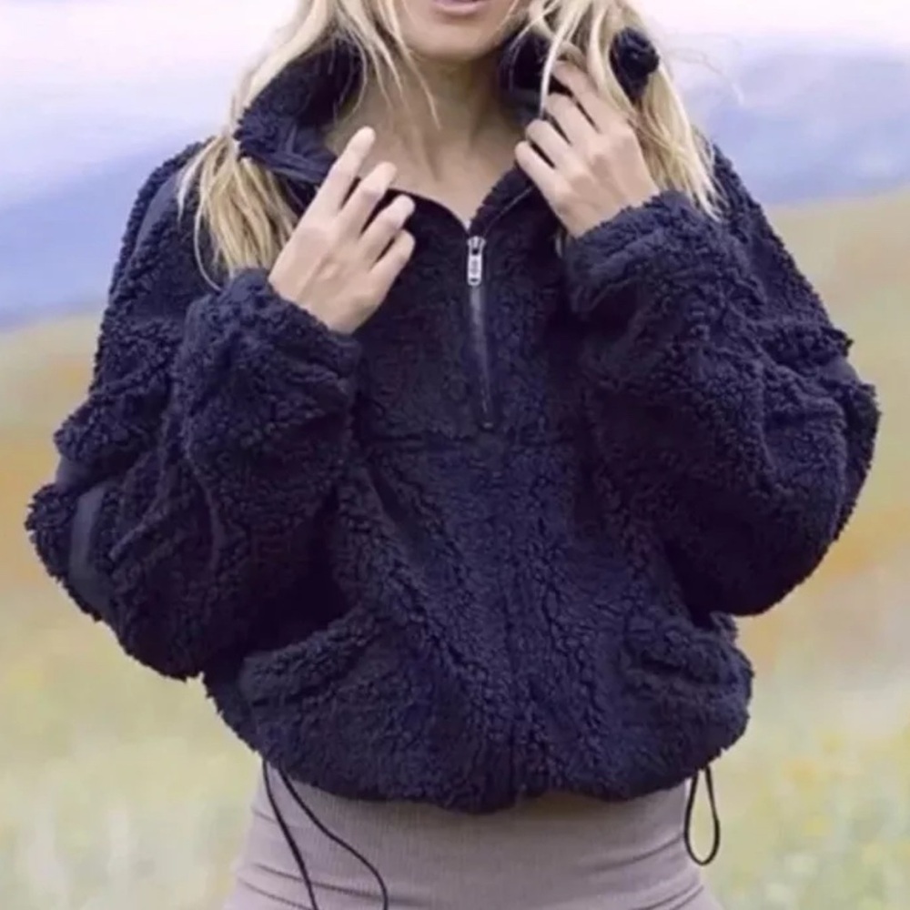 Free People FP Movement Nantucket Fuzzy Fleece Pullover Jacket navy Blue XS